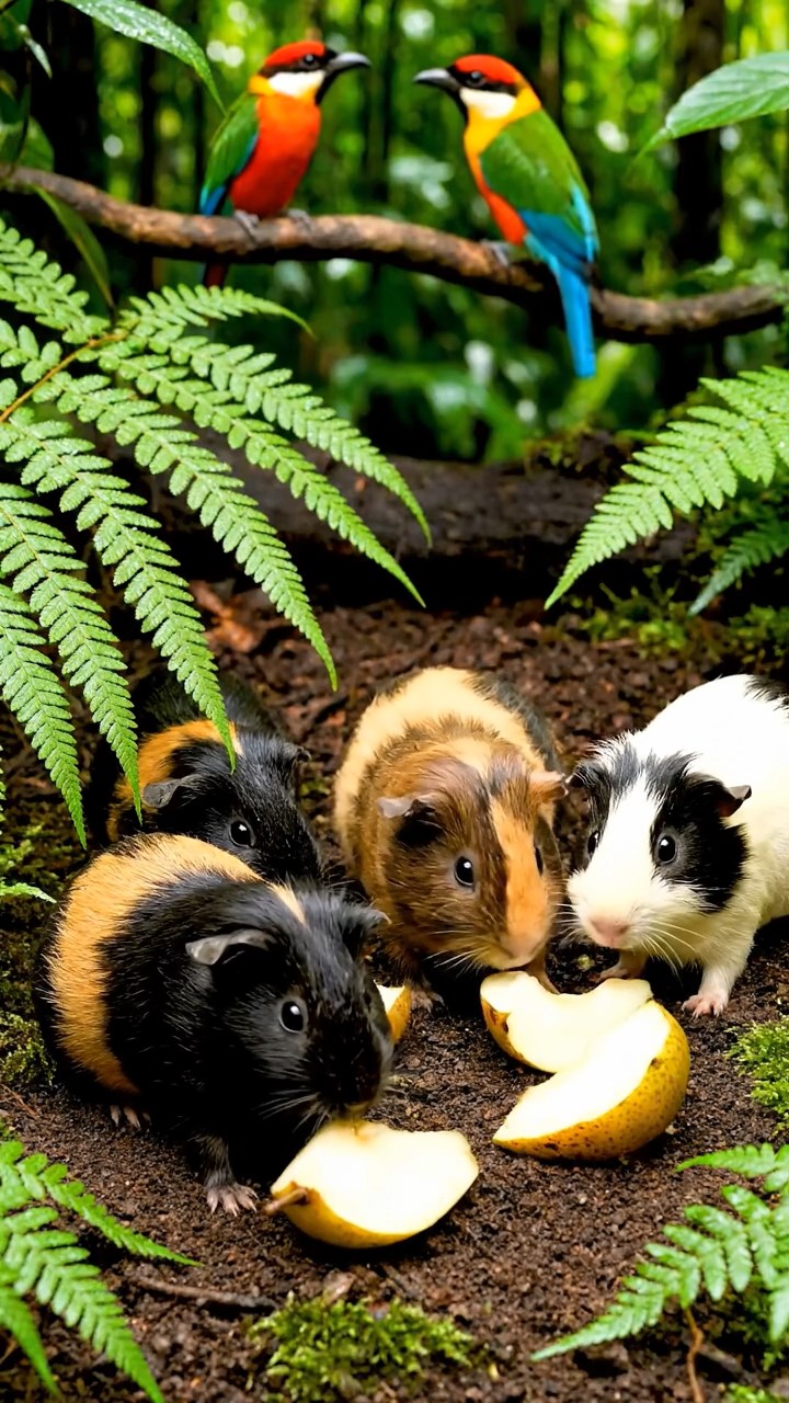 1117. Detailed scene of 1 smooth-haired Rex guinea pig with cinnamon fur, munching on timothy hay, at a rock concert stage mosh pit with lights and crowd surfing.