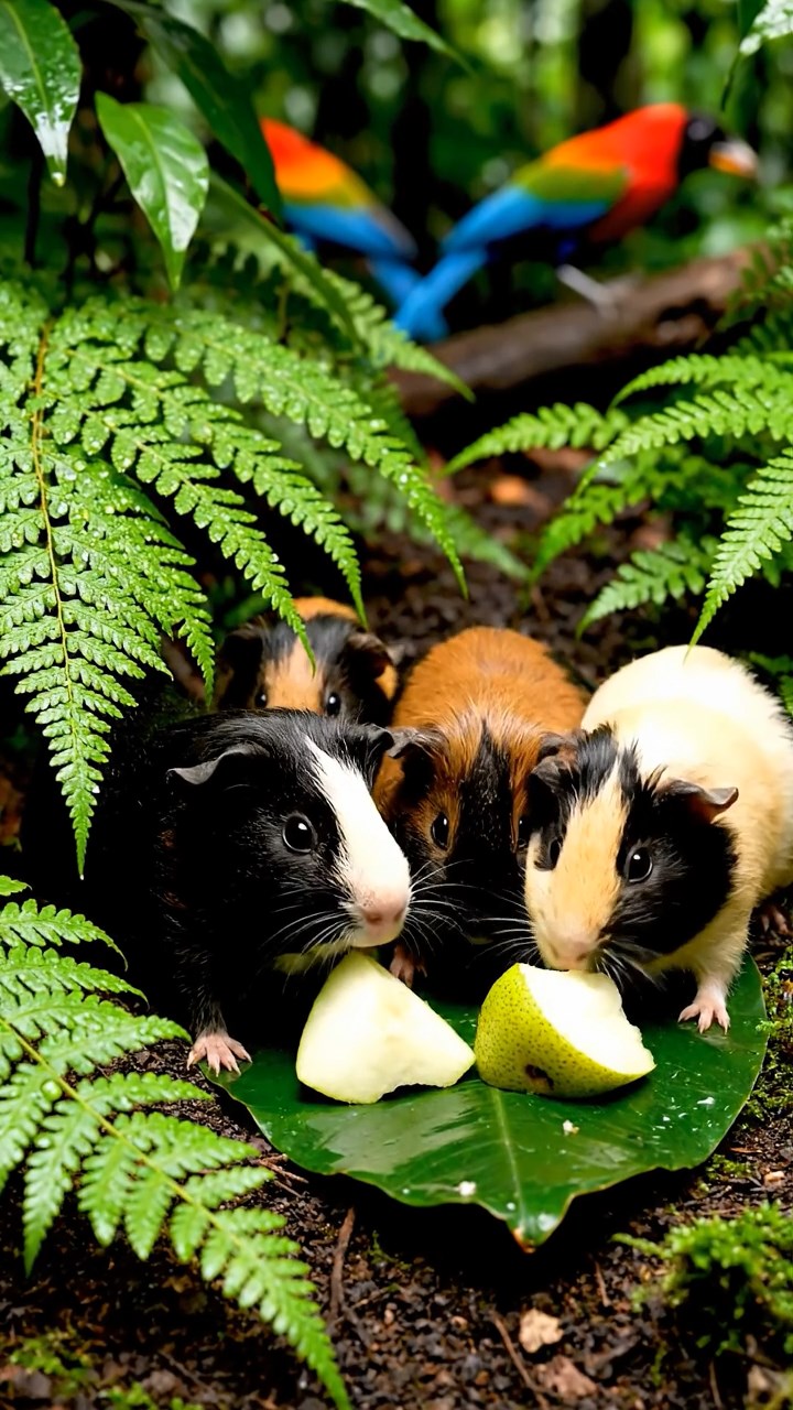 1118. Photorealistic photo of 5 smooth-haired Coronet guinea pigs featuring sable, white, and orange coats, sharing orange segments, in a lush Amazonian treehouse with rope bridges and monkeys.