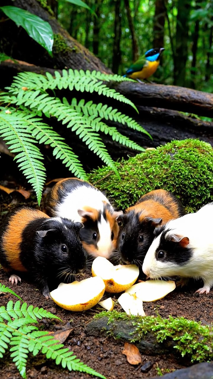 1118. Photorealistic photo of 5 smooth-haired Coronet guinea pigs featuring sable, white, and orange coats, sharing orange segments, in a lush Amazonian treehouse with rope bridges and monkeys.