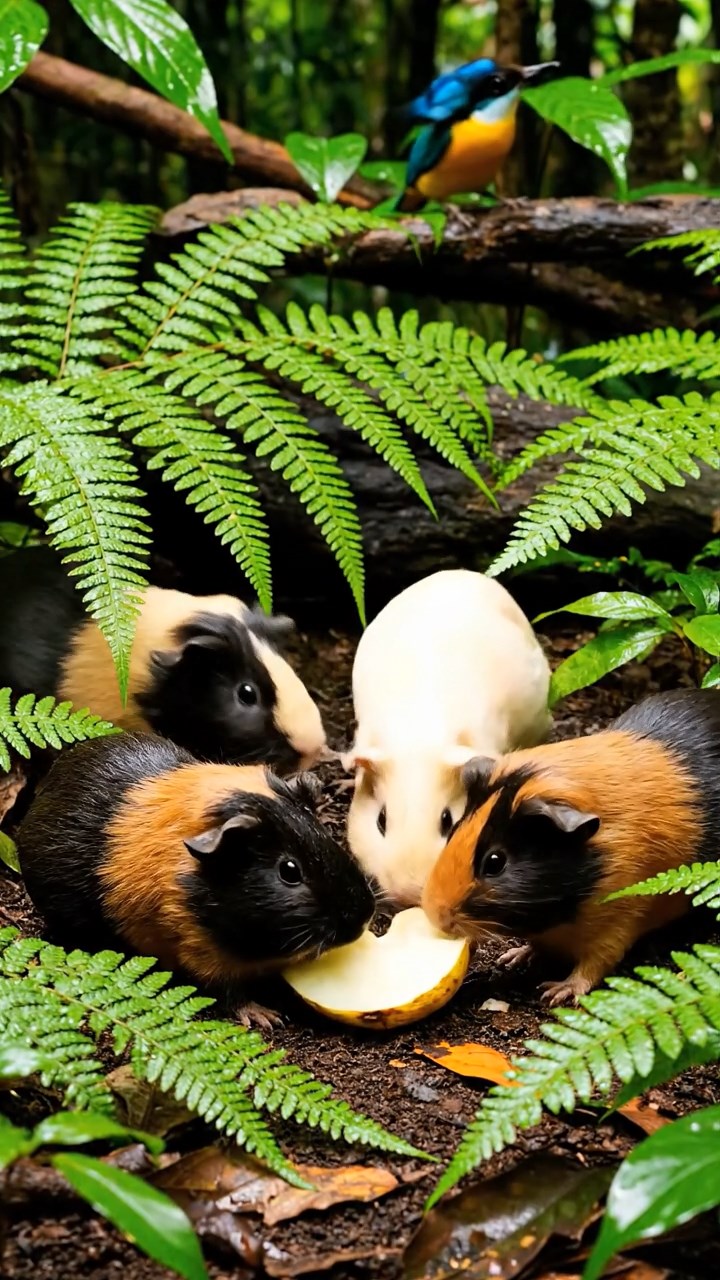1118. Photorealistic photo of 5 smooth-haired Coronet guinea pigs featuring sable, white, and orange coats, sharing orange segments, in a lush Amazonian treehouse with rope bridges and monkeys.