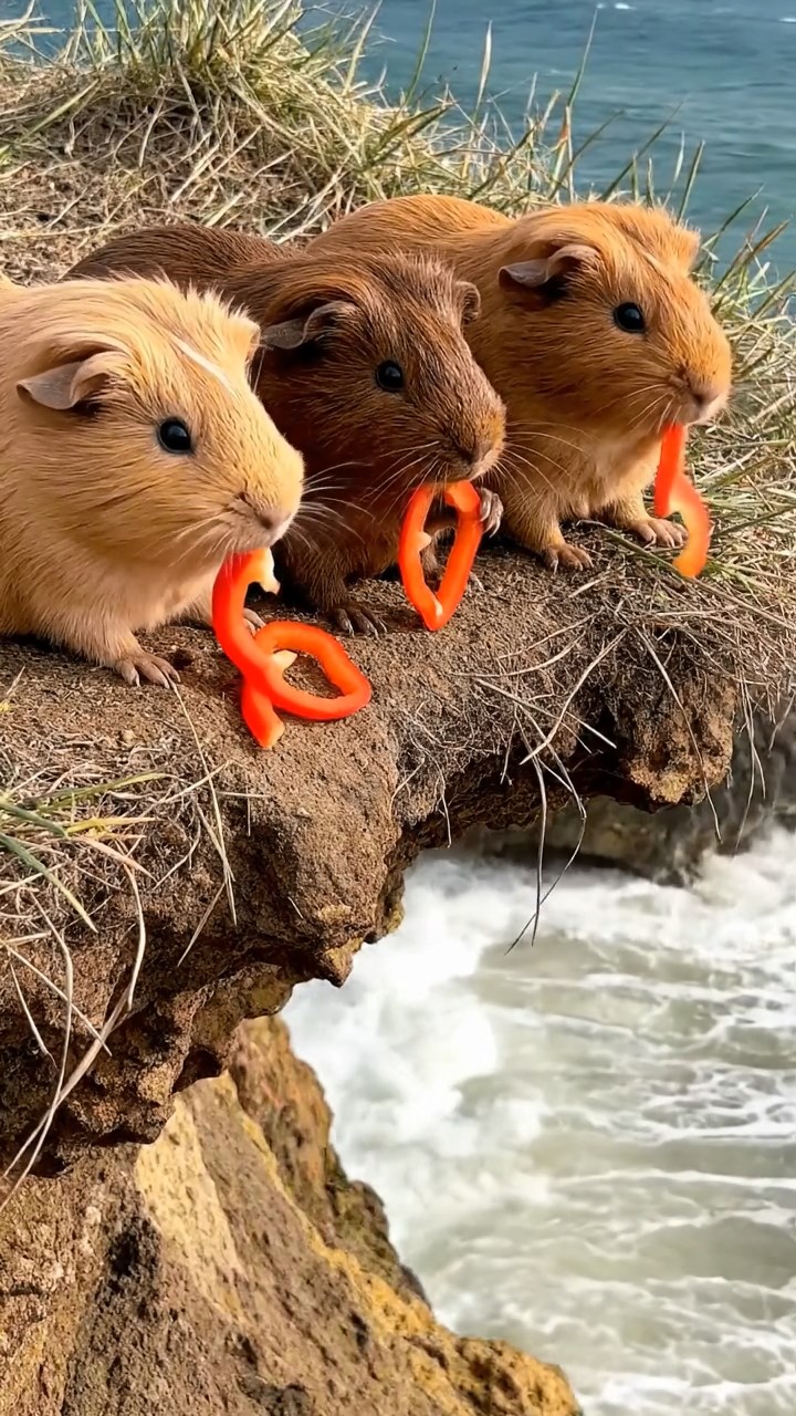 1118. Photorealistic photo of 5 smooth-haired Coronet guinea pigs featuring sable, white, and orange coats, sharing orange segments, in a lush Amazonian treehouse with rope bridges and monkeys.