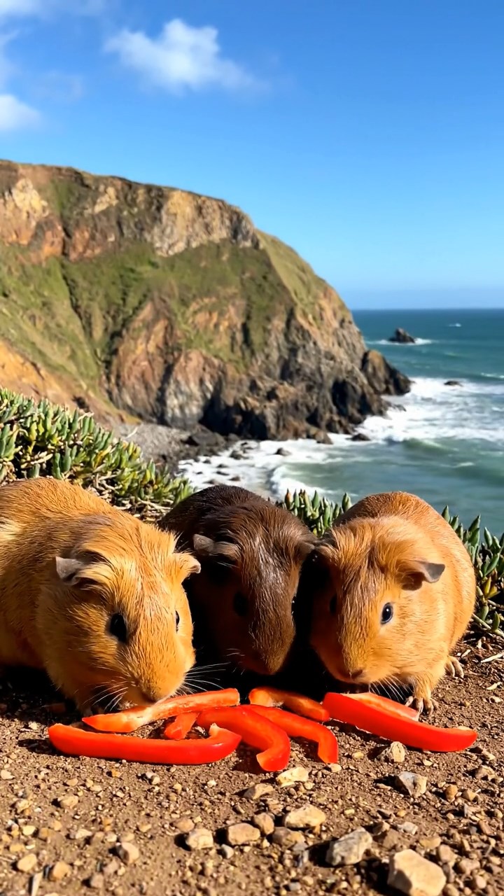 1119. Realistic image of 4 smooth-haired White Crested guinea pigs with gray, black, and brown fur, eating zucchini slices, inside a Victorian clock tower with gears and pendulums ticking.