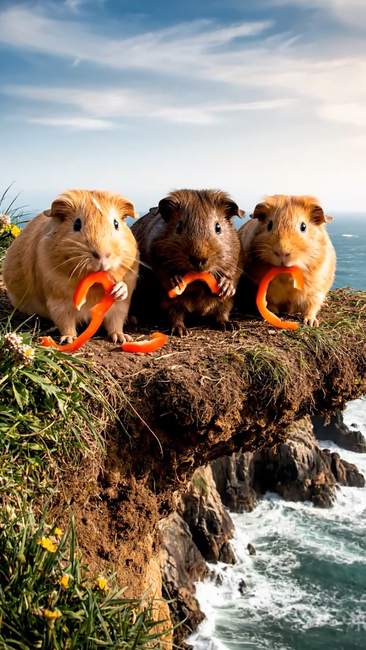 1119. Realistic image of 4 smooth-haired White Crested guinea pigs with gray, black, and brown fur, eating zucchini slices, inside a Victorian clock tower with gears and pendulums ticking.