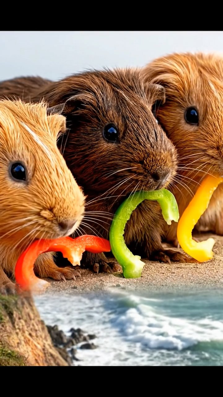 1119. Realistic image of 4 smooth-haired White Crested guinea pigs with gray, black, and brown fur, eating zucchini slices, inside a Victorian clock tower with gears and pendulums ticking.