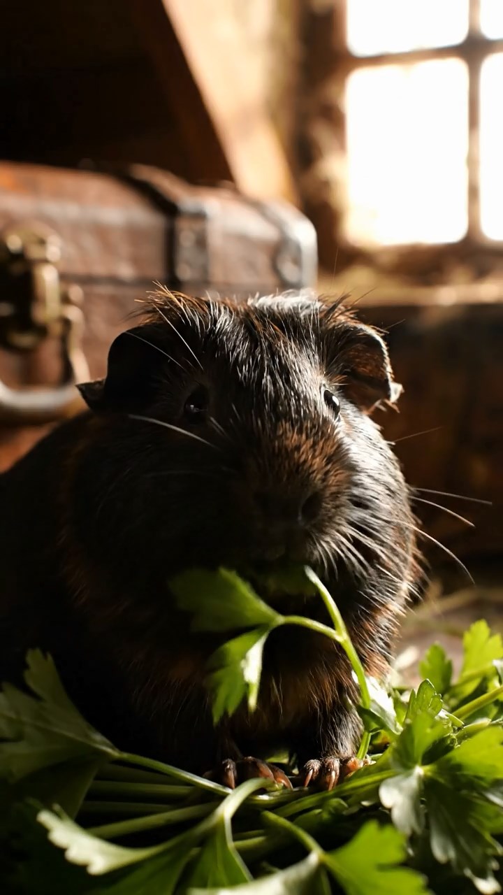 1119. Realistic image of 4 smooth-haired White Crested guinea pigs with gray, black, and brown fur, eating zucchini slices, inside a Victorian clock tower with gears and pendulums ticking.