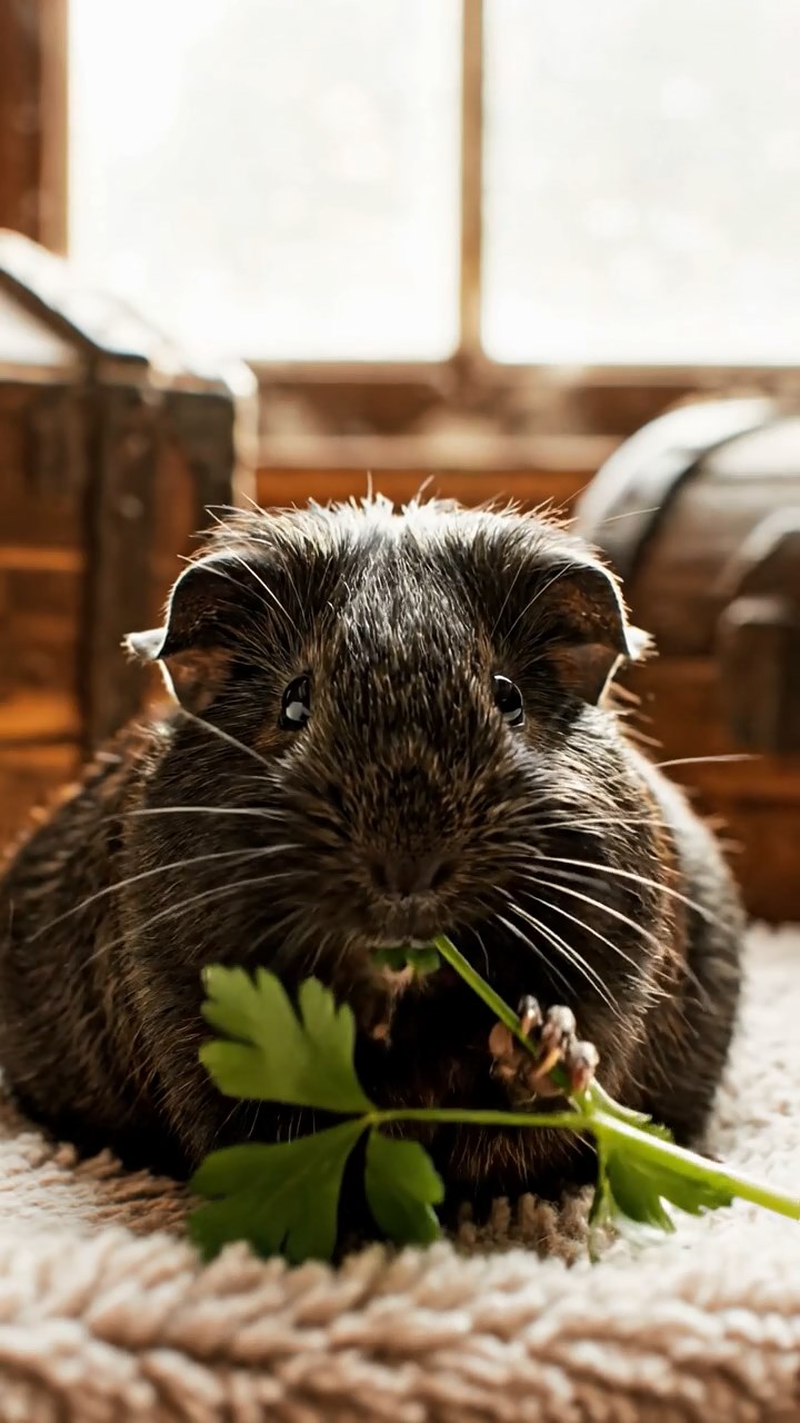 1120. Highly detailed view of 2 smooth-haired Skinny guinea pigs in cream and fawn colors, nibbling on watermelon rind, on a serene Greek island clifftop with white buildings and azure sea.