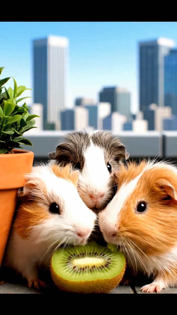 1120. Highly detailed view of 2 smooth-haired Skinny guinea pigs in cream and fawn colors, nibbling on watermelon rind, on a serene Greek island clifftop with white buildings and azure sea.