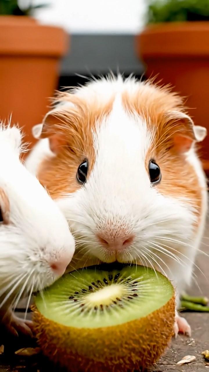 1121. Photorealistic scene of 3 smooth-haired American guinea pigs with chocolate, cinnamon, and sable fur, chewing on romaine lettuce, in a cyberpunk alleyway with neon graffiti and rain-slicked streets.