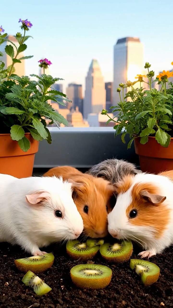 1121. Photorealistic scene of 3 smooth-haired American guinea pigs with chocolate, cinnamon, and sable fur, chewing on romaine lettuce, in a cyberpunk alleyway with neon graffiti and rain-slicked streets.