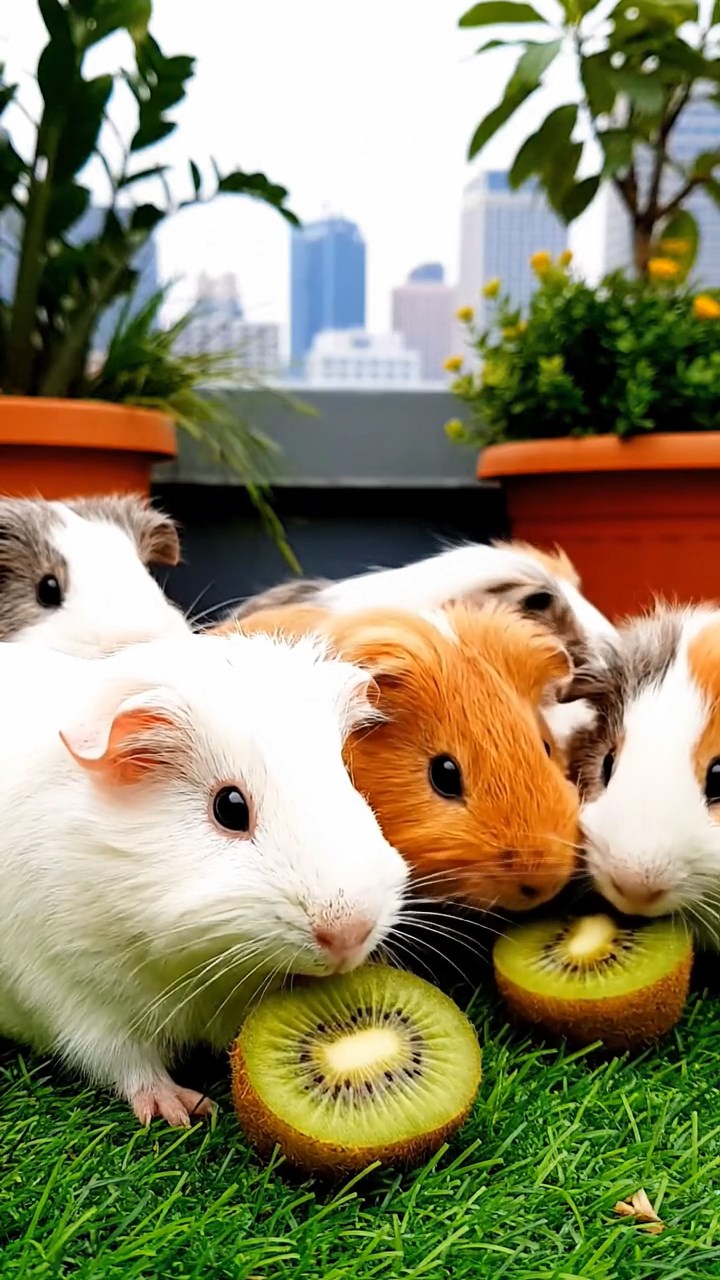 1121. Photorealistic scene of 3 smooth-haired American guinea pigs with chocolate, cinnamon, and sable fur, chewing on romaine lettuce, in a cyberpunk alleyway with neon graffiti and rain-slicked streets.