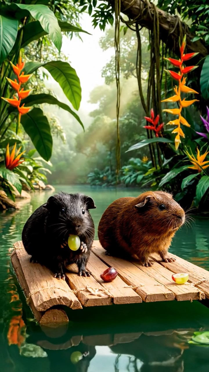 1121. Photorealistic scene of 3 smooth-haired American guinea pigs with chocolate, cinnamon, and sable fur, chewing on romaine lettuce, in a cyberpunk alleyway with neon graffiti and rain-slicked streets.