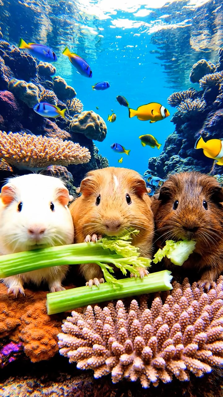1123. Detailed photo of 4 smooth-haired Peruvian guinea pigs featuring orange, gray, and black coats, sharing broccoli florets, inside a hot lava tube cave with glowing red walls.