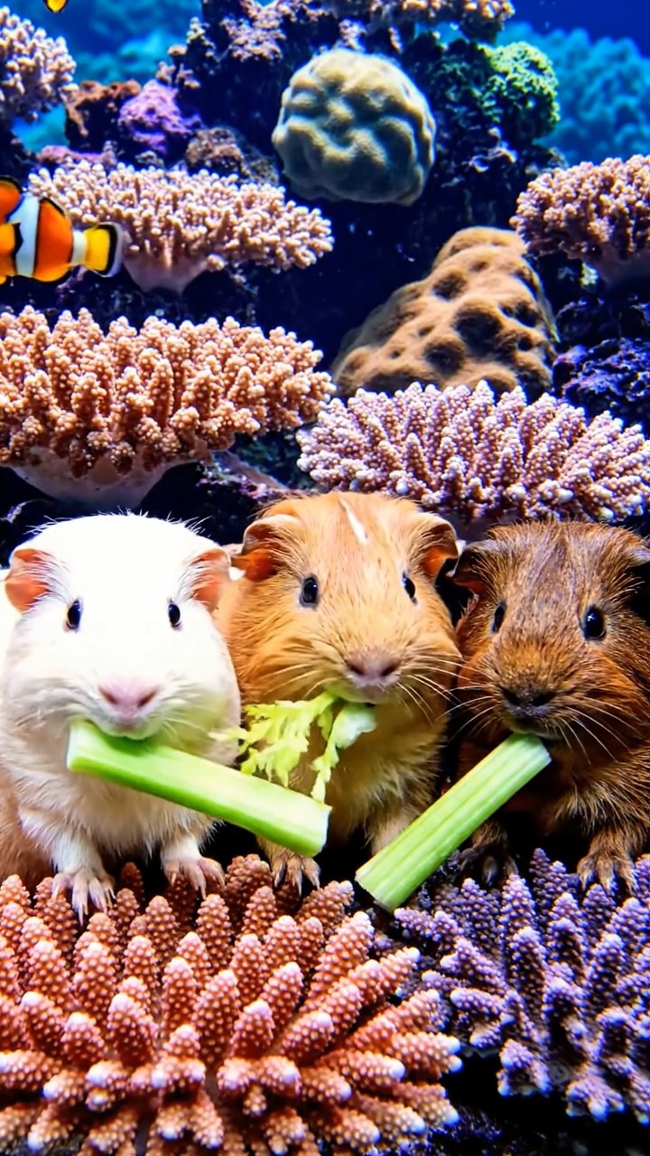 1123. Detailed photo of 4 smooth-haired Peruvian guinea pigs featuring orange, gray, and black coats, sharing broccoli florets, inside a hot lava tube cave with glowing red walls.