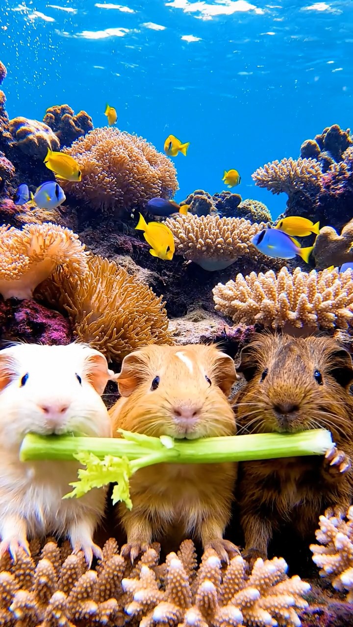 1123. Detailed photo of 4 smooth-haired Peruvian guinea pigs featuring orange, gray, and black coats, sharing broccoli florets, inside a hot lava tube cave with glowing red walls.