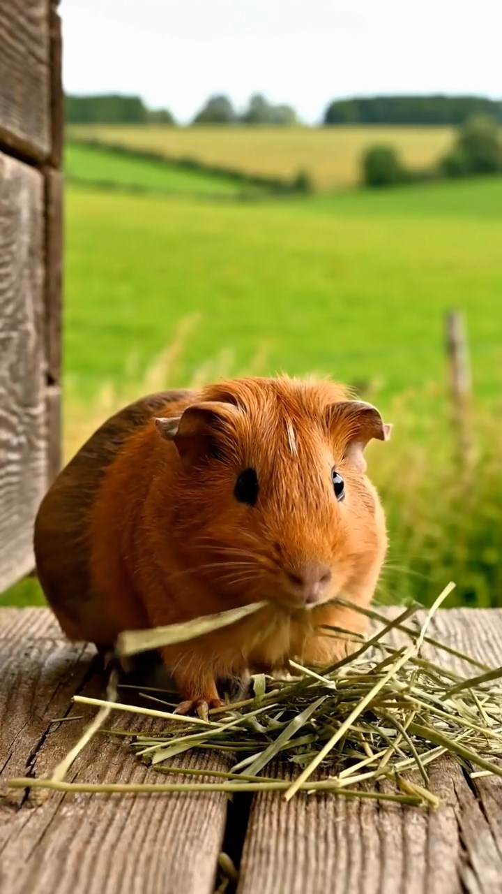 1123. Detailed photo of 4 smooth-haired Peruvian guinea pigs featuring orange, gray, and black coats, sharing broccoli florets, inside a hot lava tube cave with glowing red walls.