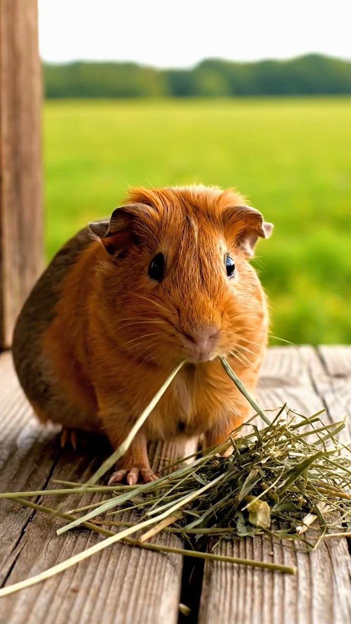 1124. Photorealistic image of 2 smooth-haired Silkie guinea pigs with brown and cream fur, eating dried orchard grass, in a whimsical candy factory with conveyor belts and chocolate rivers.