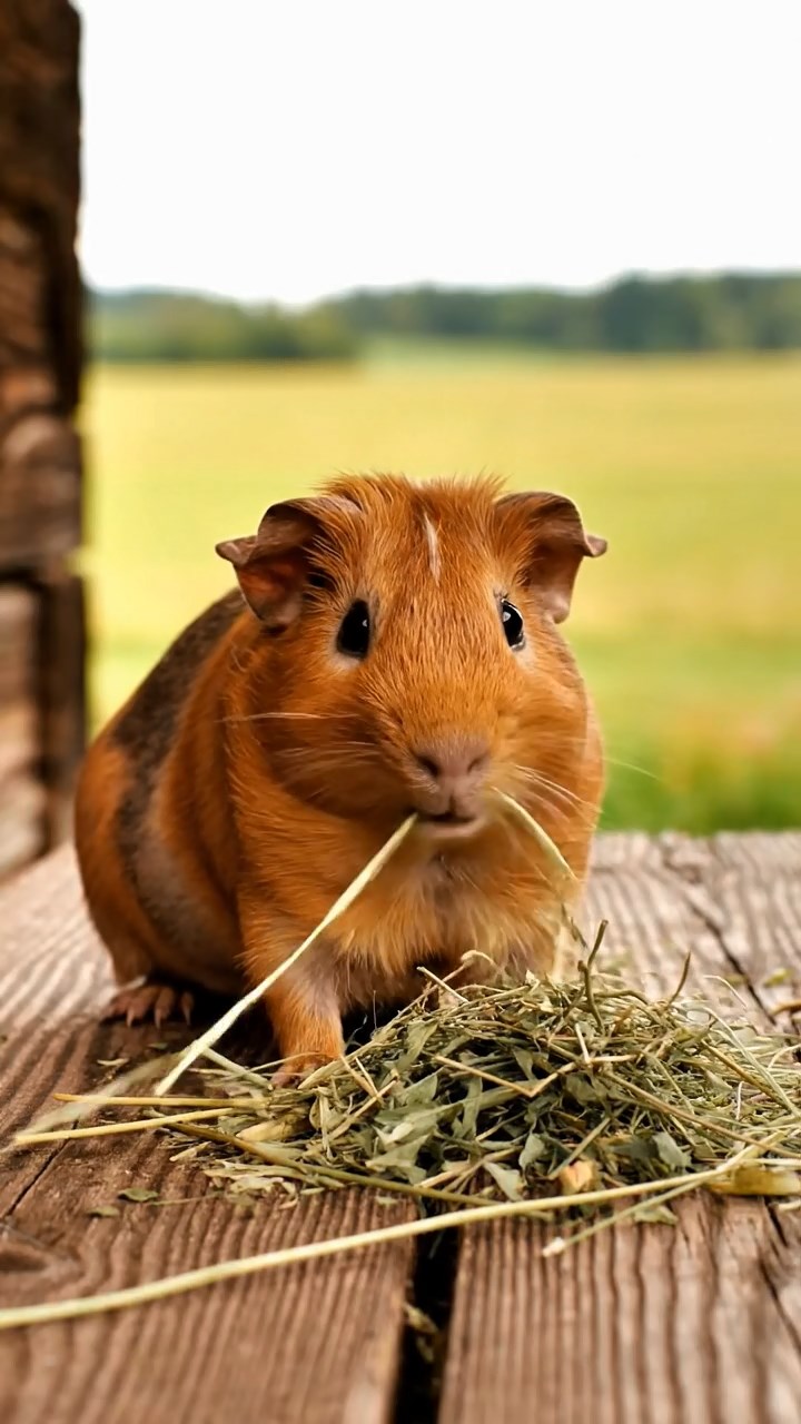 1124. Photorealistic image of 2 smooth-haired Silkie guinea pigs with brown and cream fur, eating dried orchard grass, in a whimsical candy factory with conveyor belts and chocolate rivers.