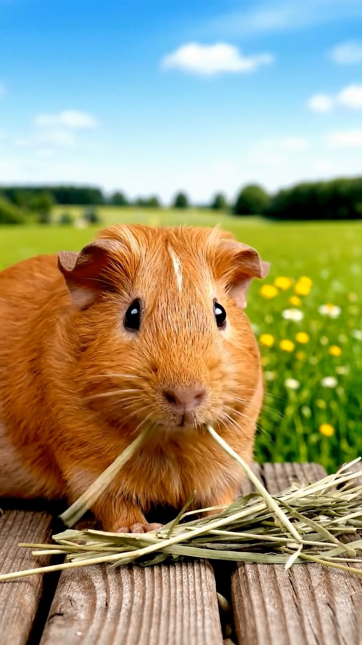 1124. Photorealistic image of 2 smooth-haired Silkie guinea pigs with brown and cream fur, eating dried orchard grass, in a whimsical candy factory with conveyor belts and chocolate rivers.