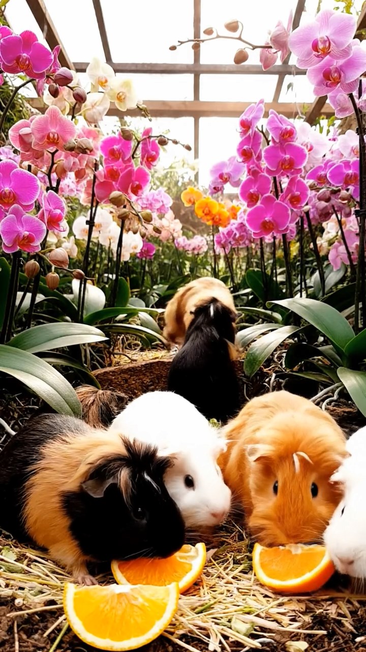 1124. Photorealistic image of 2 smooth-haired Silkie guinea pigs with brown and cream fur, eating dried orchard grass, in a whimsical candy factory with conveyor belts and chocolate rivers.