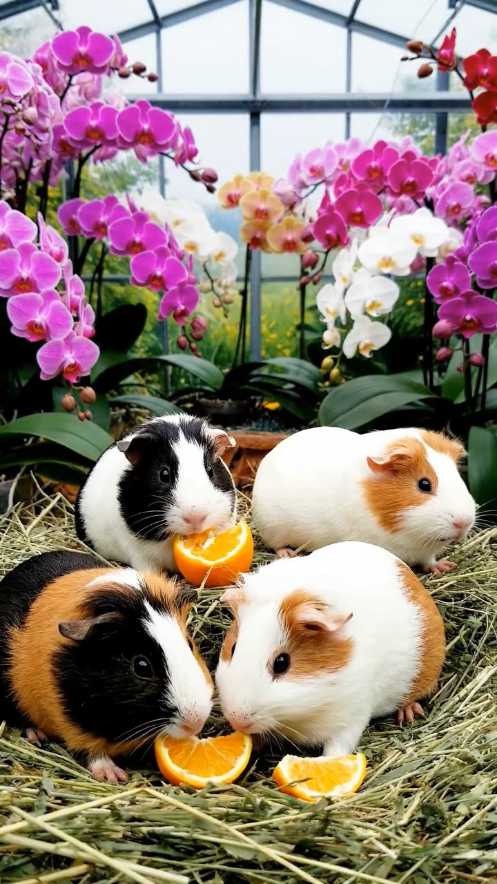 1125. Realistic scene of 5 smooth-haired Teddy guinea pigs in fawn, chocolate, and cinnamon colors, nibbling on pineapple chunks, on a Antarctic research station platform with icebergs floating.