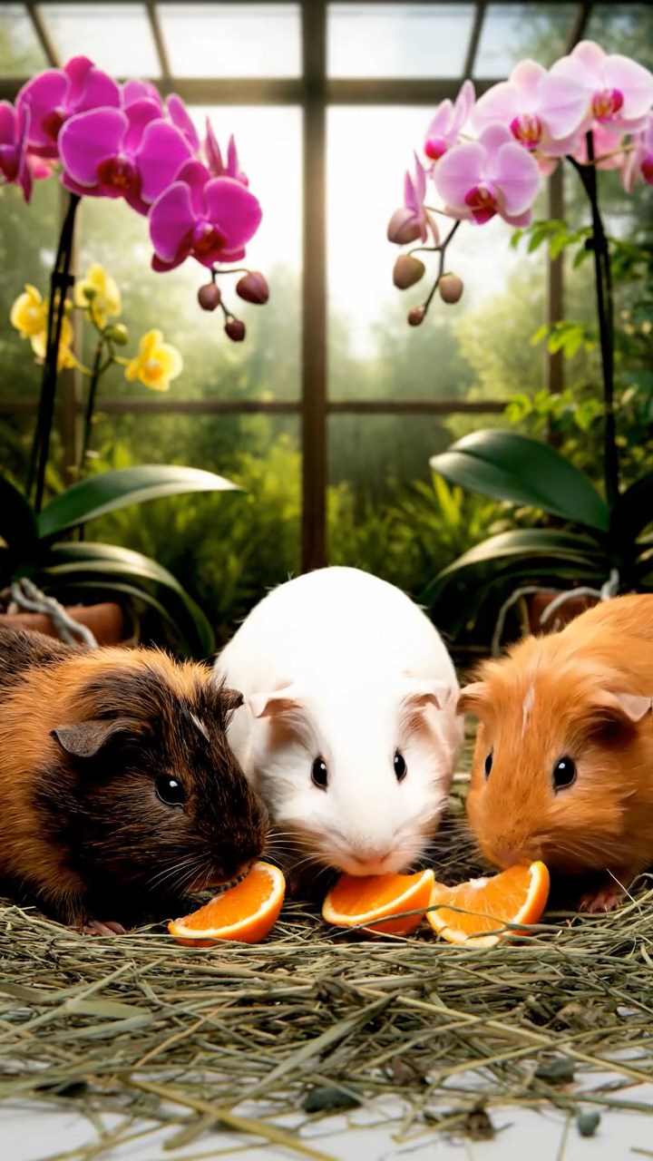 1125. Realistic scene of 5 smooth-haired Teddy guinea pigs in fawn, chocolate, and cinnamon colors, nibbling on pineapple chunks, on a Antarctic research station platform with icebergs floating.
