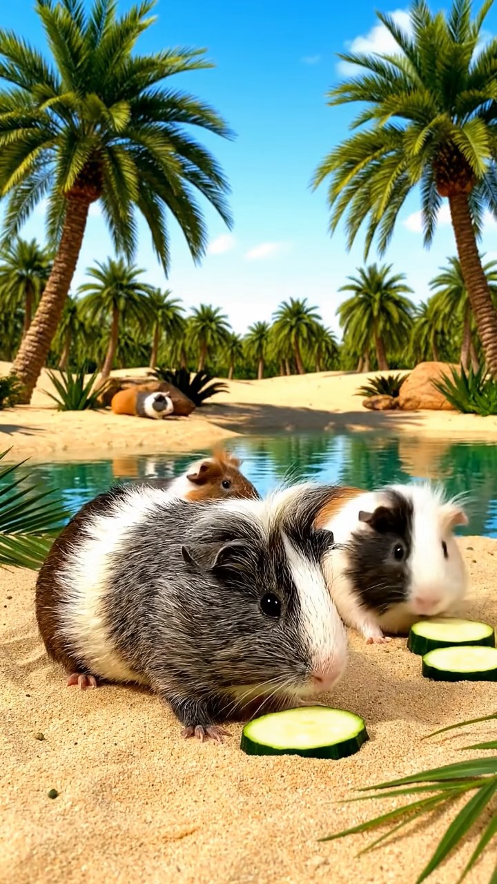 1125. Realistic scene of 5 smooth-haired Teddy guinea pigs in fawn, chocolate, and cinnamon colors, nibbling on pineapple chunks, on a Antarctic research station platform with icebergs floating.