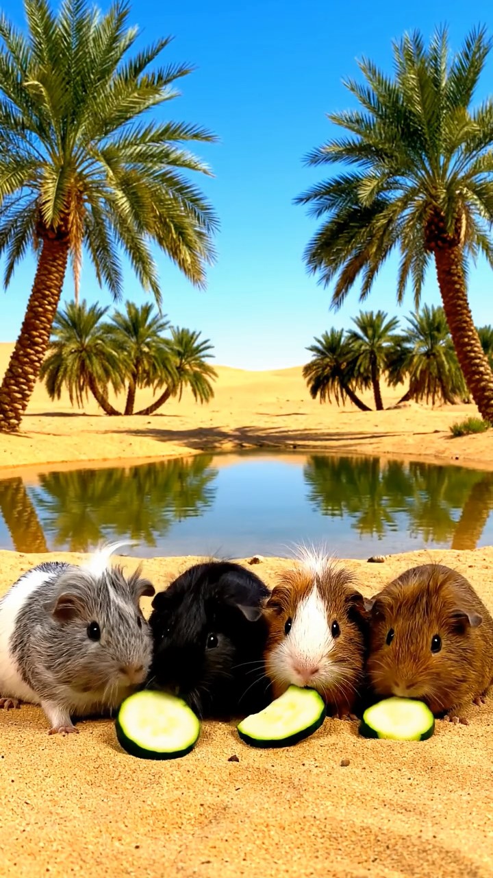 1126. Highly detailed view of 3 smooth-haired Texel guinea pigs with sable, white, and orange fur, chewing on spinach, in a medieval jousting field with knights and banners waving.