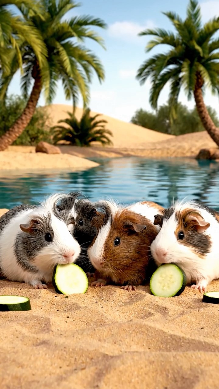 1126. Highly detailed view of 3 smooth-haired Texel guinea pigs with sable, white, and orange fur, chewing on spinach, in a medieval jousting field with knights and banners waving.