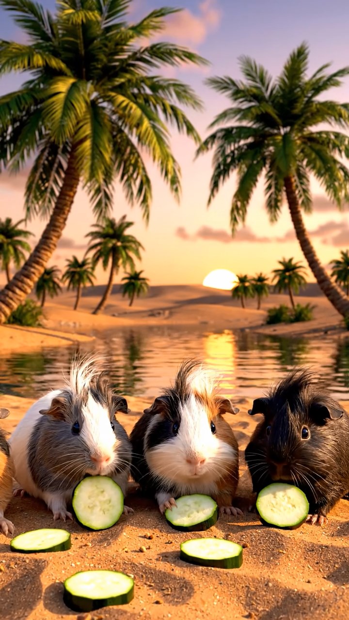 1126. Highly detailed view of 3 smooth-haired Texel guinea pigs with sable, white, and orange fur, chewing on spinach, in a medieval jousting field with knights and banners waving.