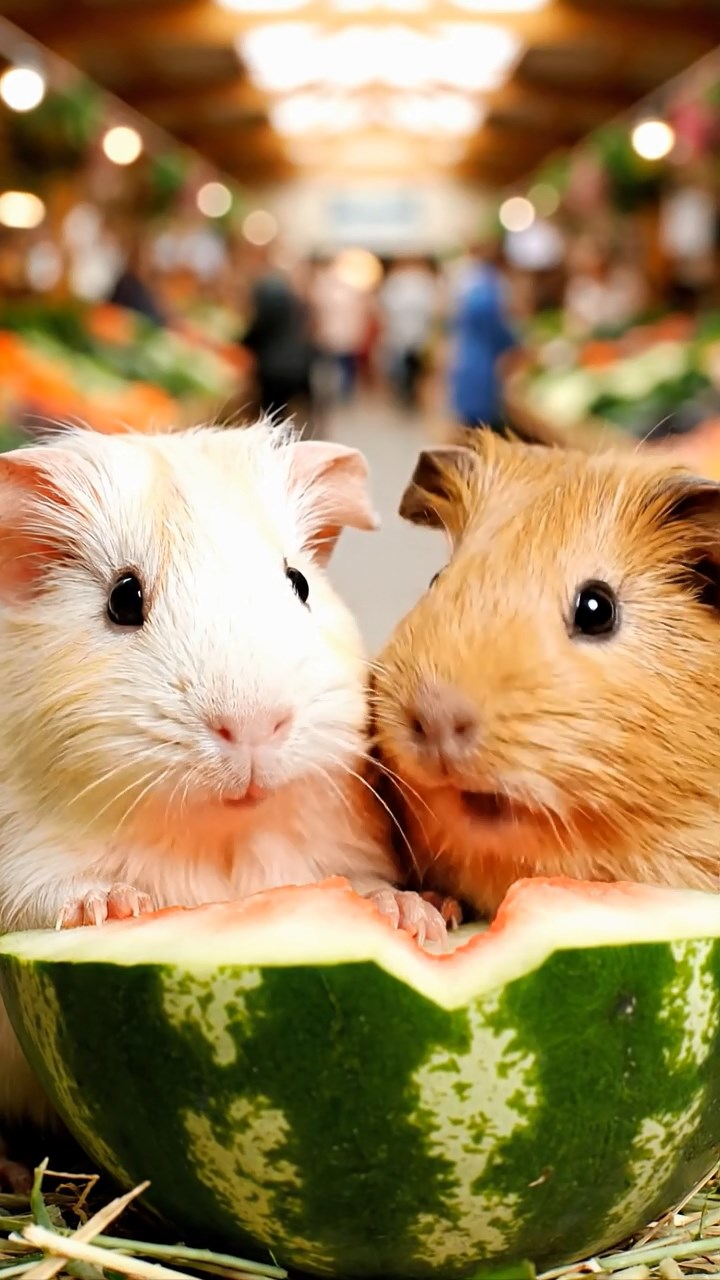 1126. Highly detailed view of 3 smooth-haired Texel guinea pigs with sable, white, and orange fur, chewing on spinach, in a medieval jousting field with knights and banners waving.