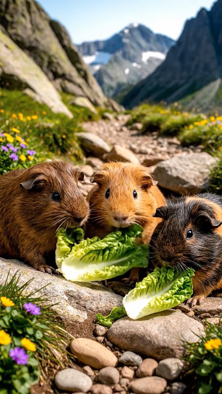 1128. Realistic depiction of 4 smooth-haired Coronet guinea pigs featuring black, brown, and cream coats, sharing carrot tops, in a dense kelp forest underwater with sea otters playing.