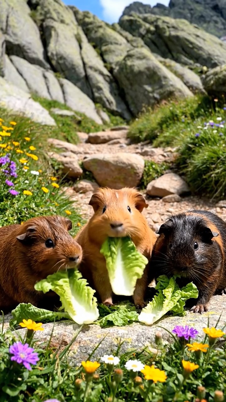 1128. Realistic depiction of 4 smooth-haired Coronet guinea pigs featuring black, brown, and cream coats, sharing carrot tops, in a dense kelp forest underwater with sea otters playing.