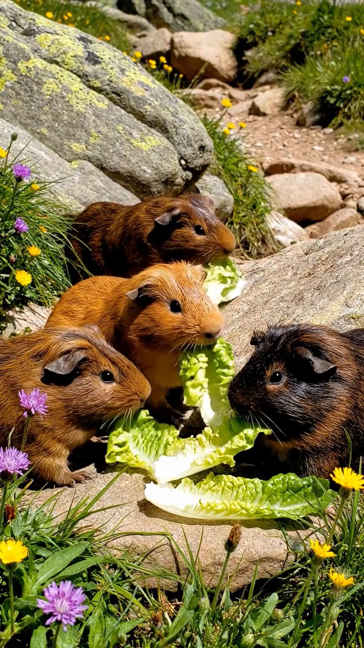 1128. Realistic depiction of 4 smooth-haired Coronet guinea pigs featuring black, brown, and cream coats, sharing carrot tops, in a dense kelp forest underwater with sea otters playing.