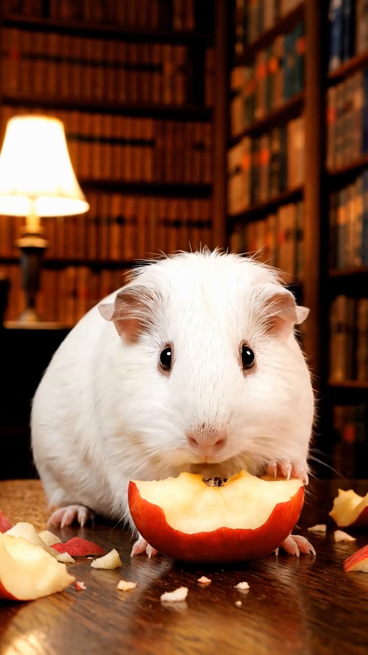 1129. Detailed image of 2 smooth-haired White Crested guinea pigs with fawn and chocolate fur, eating alfalfa sprouts, on a Wild West saloon bar counter with swinging doors.
