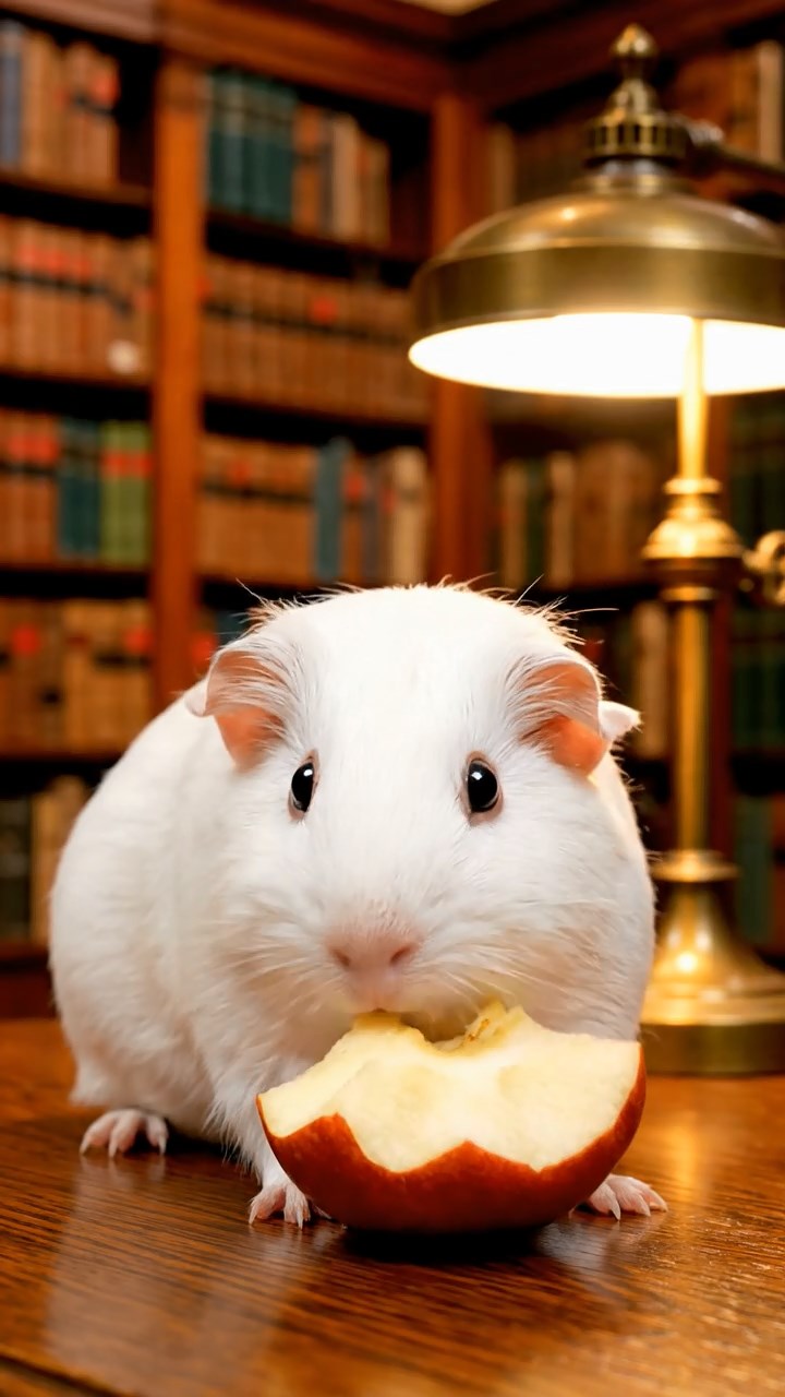 1129. Detailed image of 2 smooth-haired White Crested guinea pigs with fawn and chocolate fur, eating alfalfa sprouts, on a Wild West saloon bar counter with swinging doors.