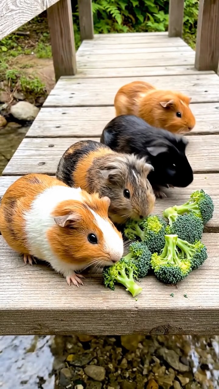 1129. Detailed image of 2 smooth-haired White Crested guinea pigs with fawn and chocolate fur, eating alfalfa sprouts, on a Wild West saloon bar counter with swinging doors.
