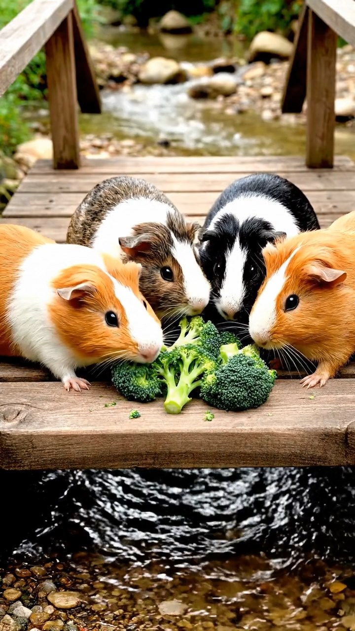 1130. Photorealistic scene of 3 smooth-haired Skinny guinea pigs in cinnamon, sable, and white colors, nibbling on banana peels, inside a quantum physics lab with particle accelerators humming.