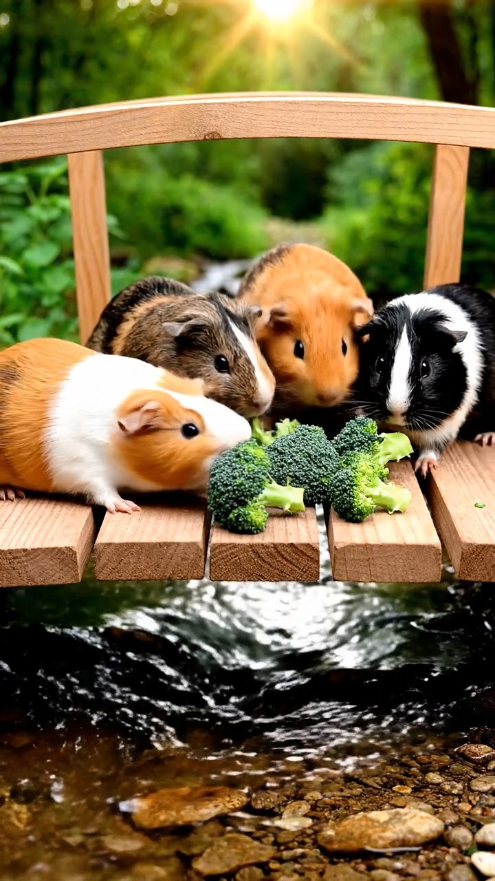 1130. Photorealistic scene of 3 smooth-haired Skinny guinea pigs in cinnamon, sable, and white colors, nibbling on banana peels, inside a quantum physics lab with particle accelerators humming.