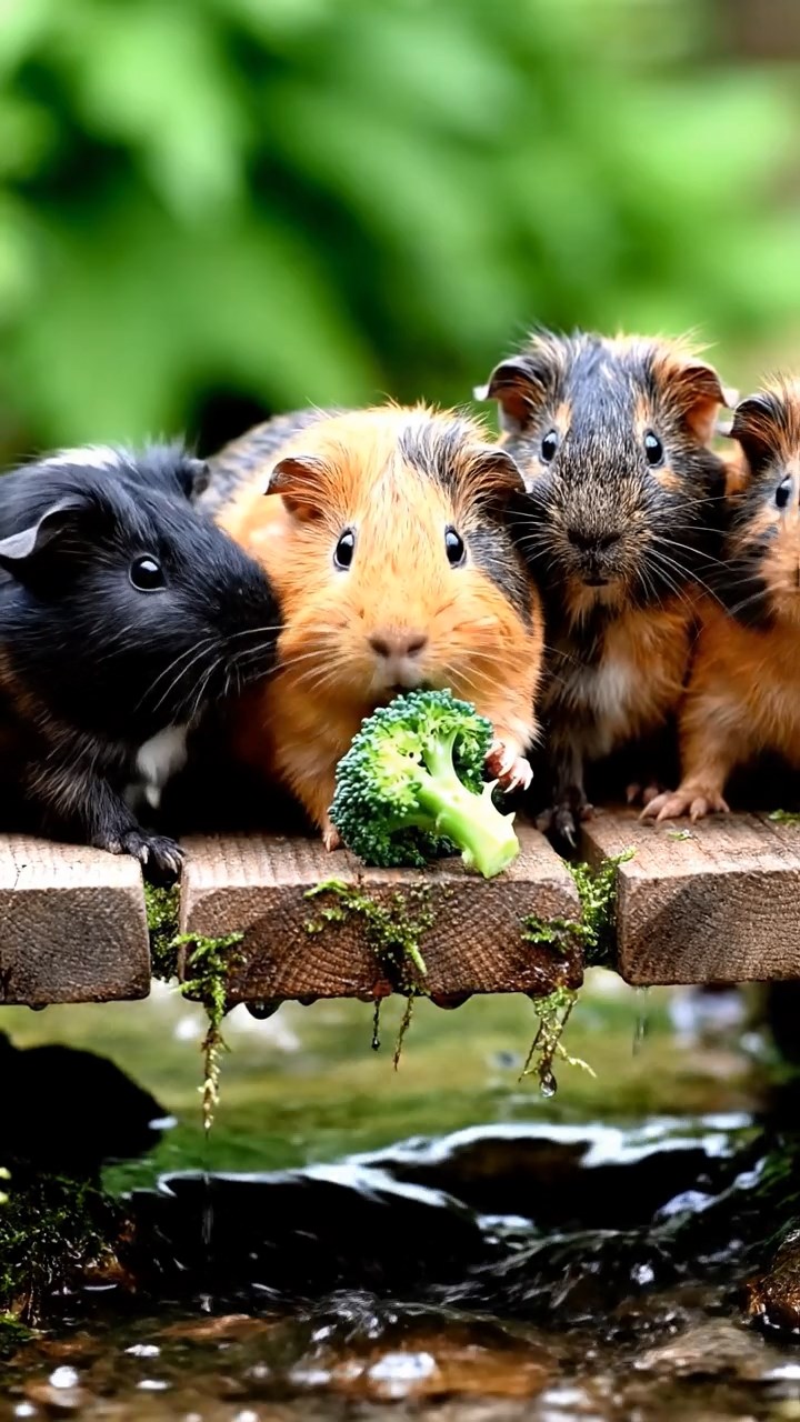 1130. Photorealistic scene of 3 smooth-haired Skinny guinea pigs in cinnamon, sable, and white colors, nibbling on banana peels, inside a quantum physics lab with particle accelerators humming.