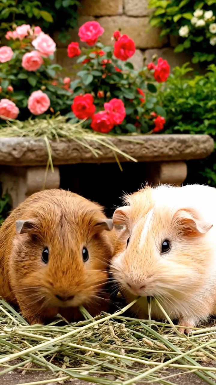 1130. Photorealistic scene of 3 smooth-haired Skinny guinea pigs in cinnamon, sable, and white colors, nibbling on banana peels, inside a quantum physics lab with particle accelerators humming.