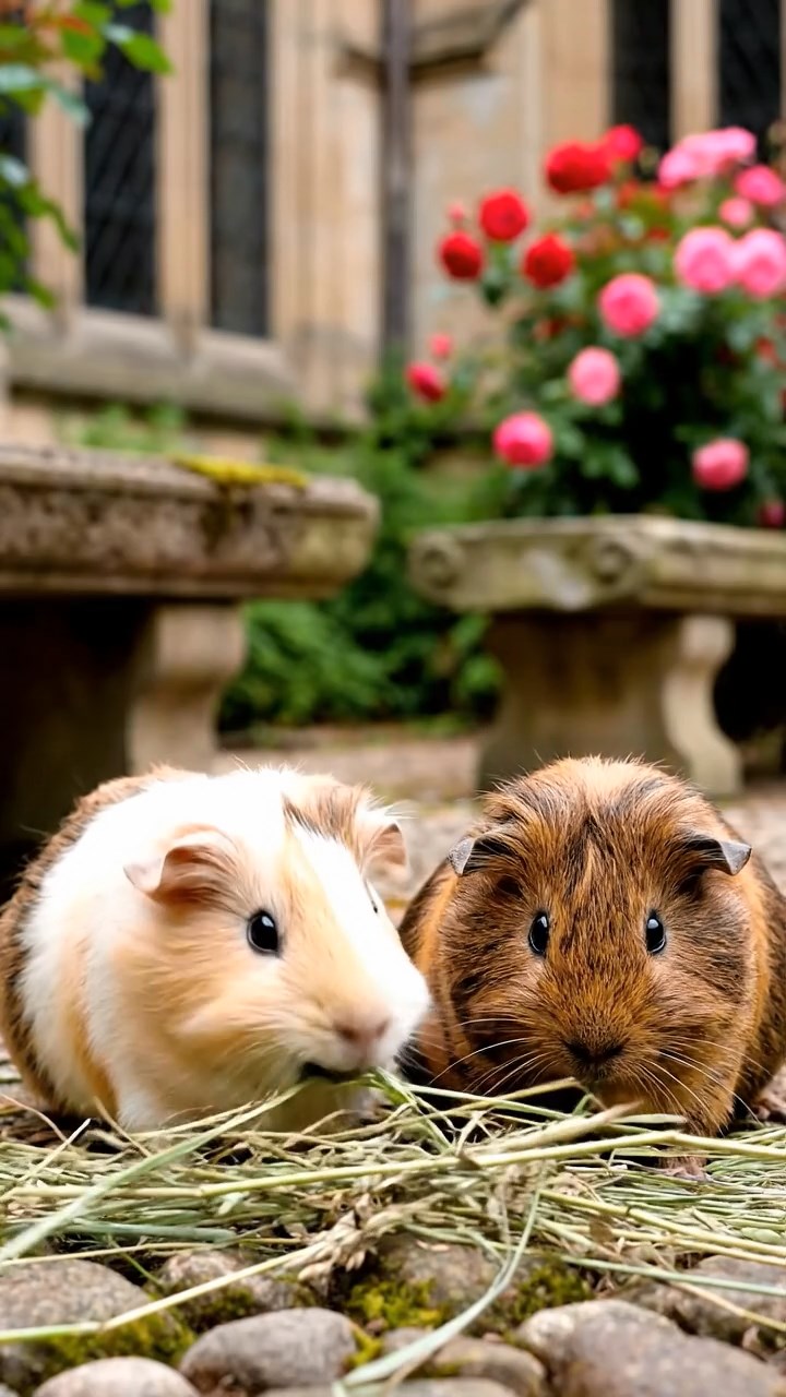 1131. Realistic photo of 5 smooth-haired American guinea pigs with orange, gray, and black fur, chewing on kale chips, on a Viking longship deck with carved dragon heads and oars.