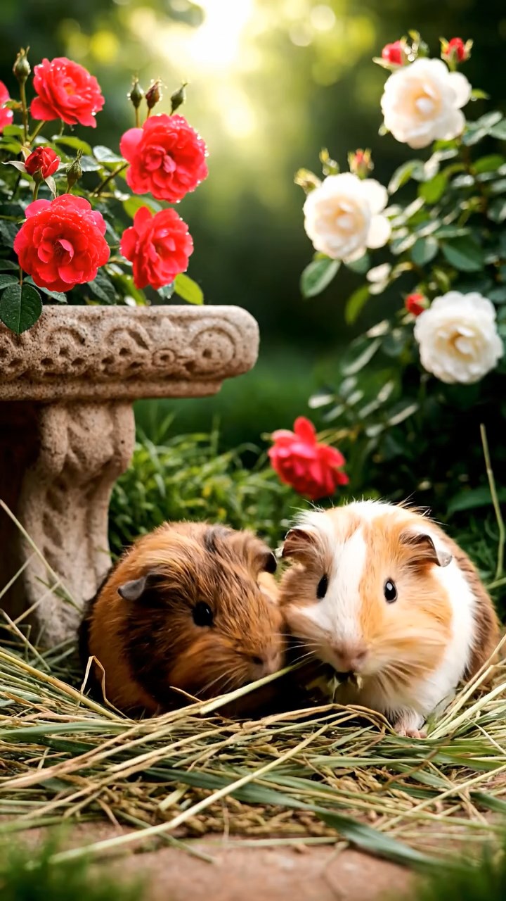 1131. Realistic photo of 5 smooth-haired American guinea pigs with orange, gray, and black fur, chewing on kale chips, on a Viking longship deck with carved dragon heads and oars.