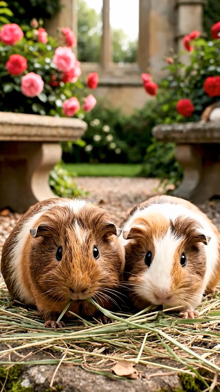 1131. Realistic photo of 5 smooth-haired American guinea pigs with orange, gray, and black fur, chewing on kale chips, on a Viking longship deck with carved dragon heads and oars.