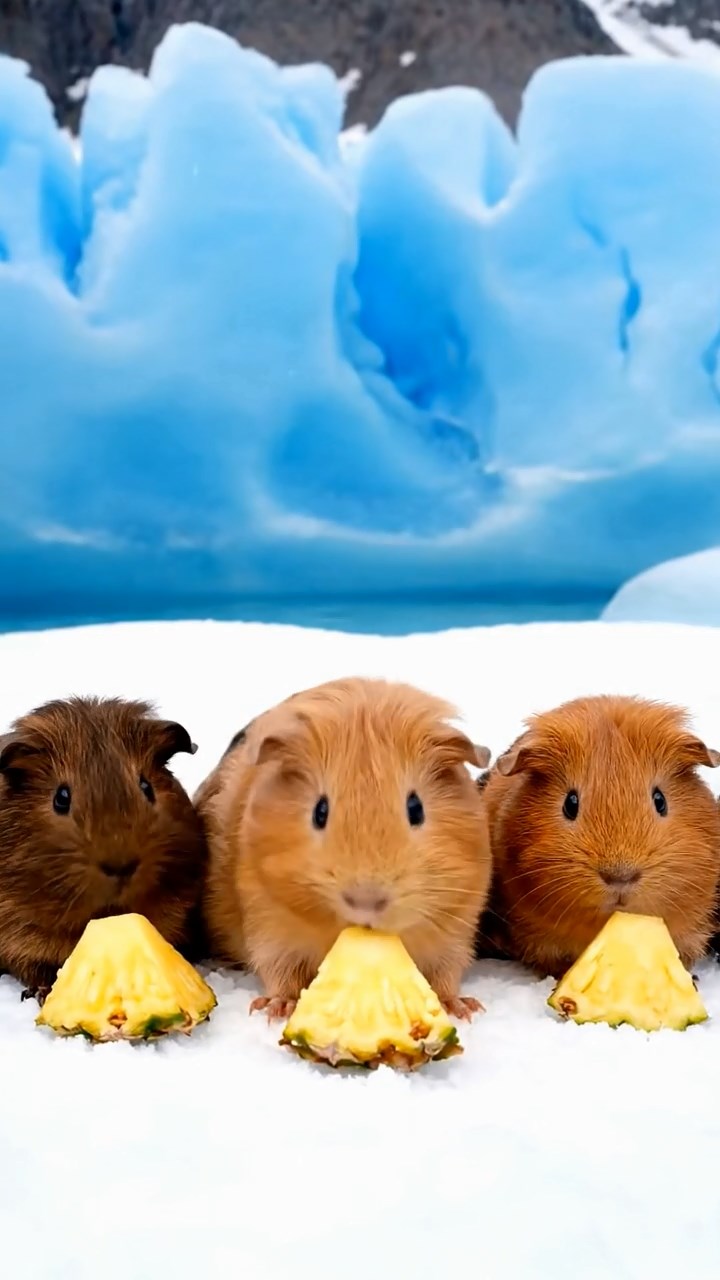 1131. Realistic photo of 5 smooth-haired American guinea pigs with orange, gray, and black fur, chewing on kale chips, on a Viking longship deck with carved dragon heads and oars.