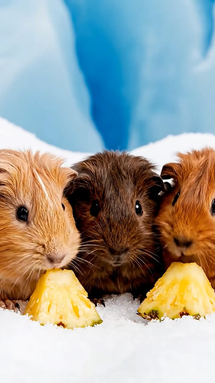 1132. Highly detailed view of 1 smooth-haired Abyssinian guinea pig with brown fur, munching on pear slices, in a blooming Dutch tulip field with windmills turning in the distance.