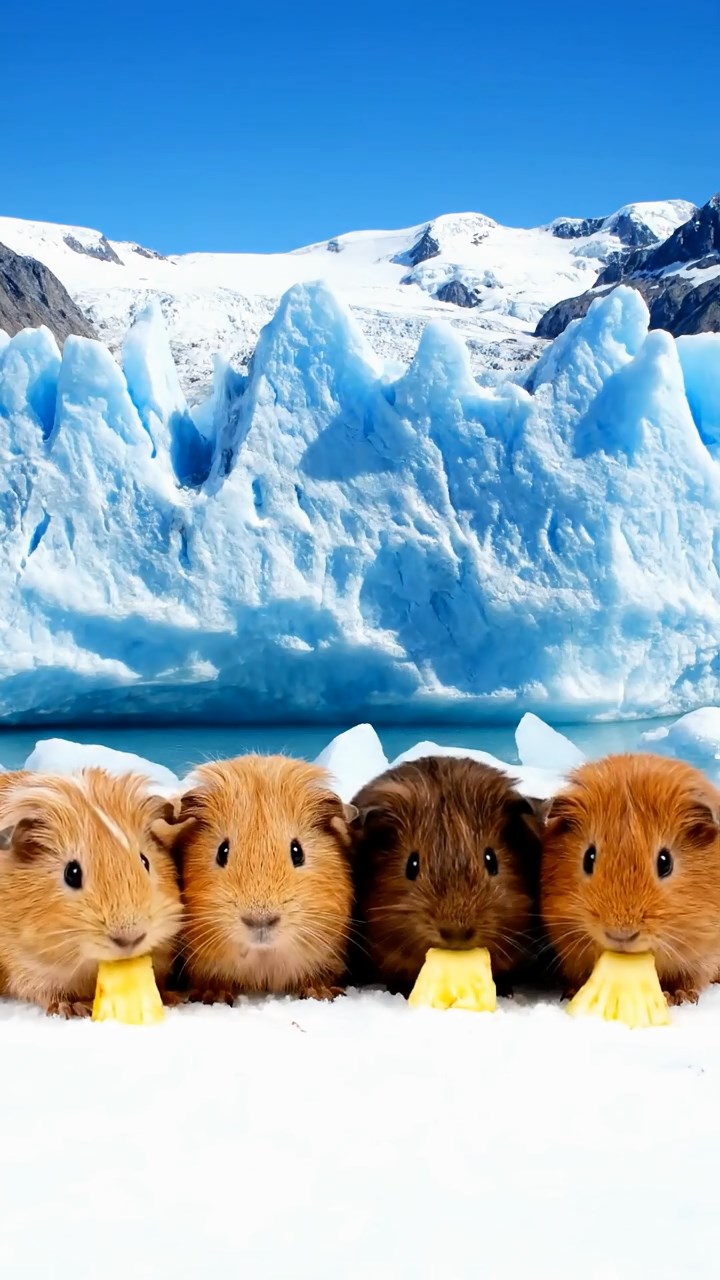 1132. Highly detailed view of 1 smooth-haired Abyssinian guinea pig with brown fur, munching on pear slices, in a blooming Dutch tulip field with windmills turning in the distance.