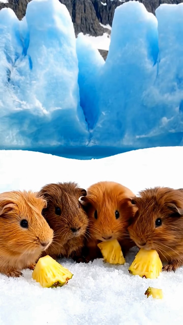 1132. Highly detailed view of 1 smooth-haired Abyssinian guinea pig with brown fur, munching on pear slices, in a blooming Dutch tulip field with windmills turning in the distance.