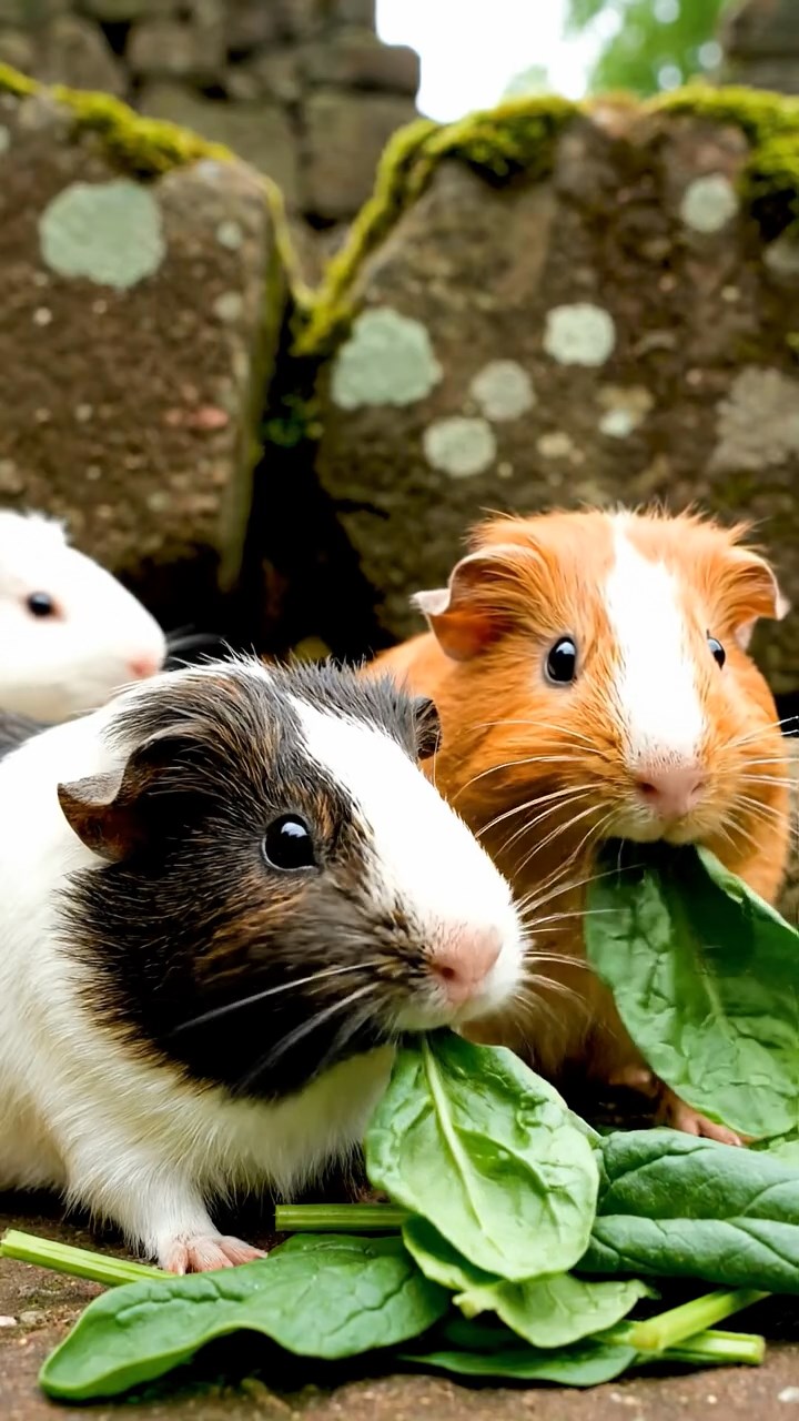 1132. Highly detailed view of 1 smooth-haired Abyssinian guinea pig with brown fur, munching on pear slices, in a blooming Dutch tulip field with windmills turning in the distance.