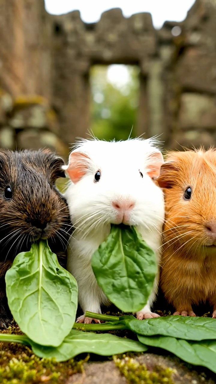 1133. Photorealistic image of 4 smooth-haired Peruvian guinea pigs featuring cream, fawn, and chocolate coats, sharing cucumber peels, inside a steampunk airship cabin with brass gears.