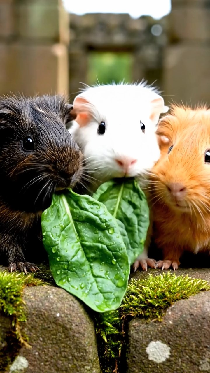 1133. Photorealistic image of 4 smooth-haired Peruvian guinea pigs featuring cream, fawn, and chocolate coats, sharing cucumber peels, inside a steampunk airship cabin with brass gears.